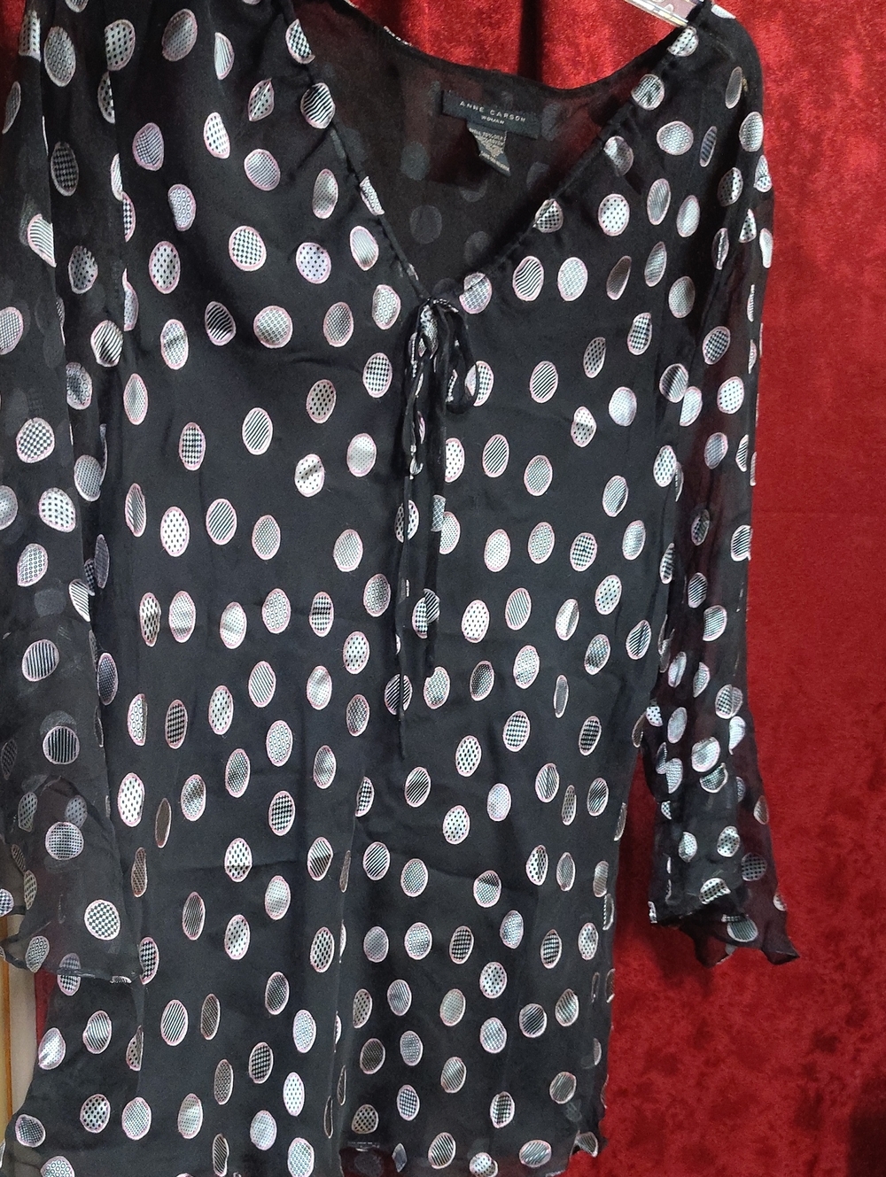 Anne Carson Black Sheer Blouse with Silver Polka Dots